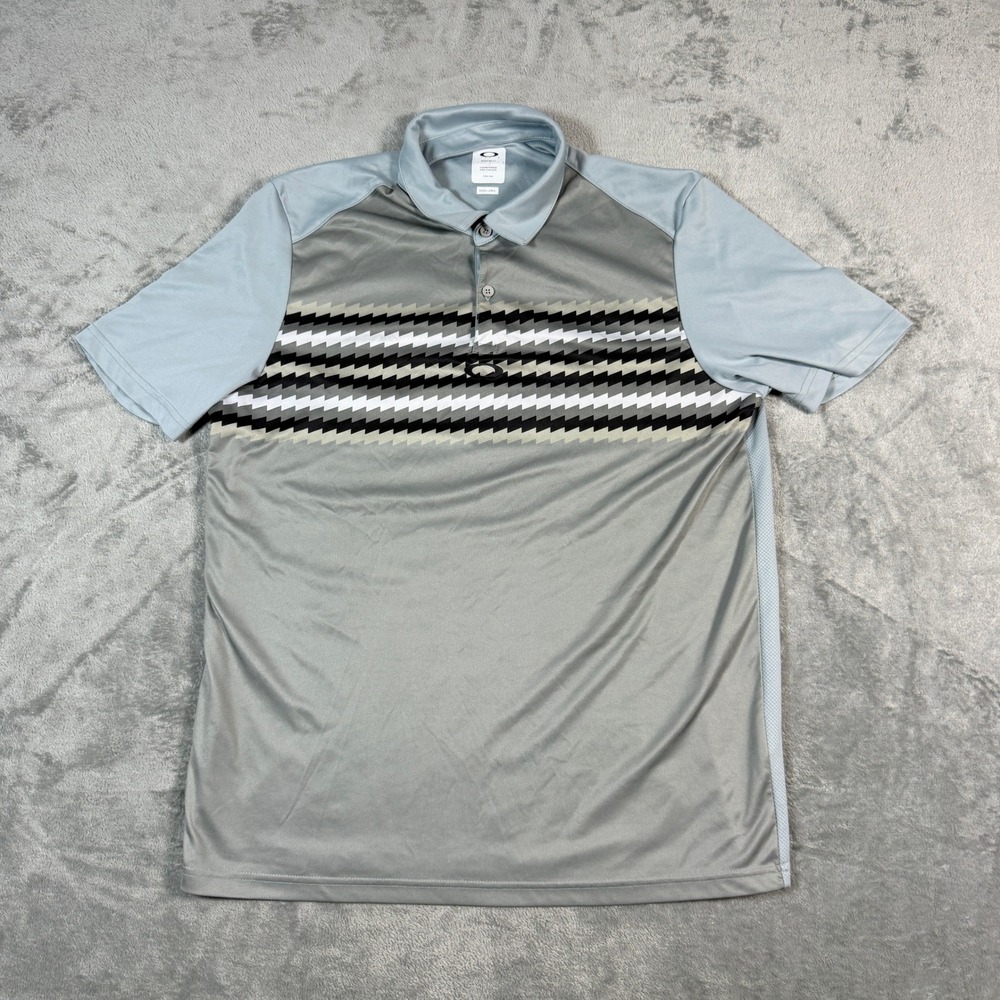 Oakley Mens Large Polo Shirt Short Sleeve Grey Zig Zag Stripe Regular Fit